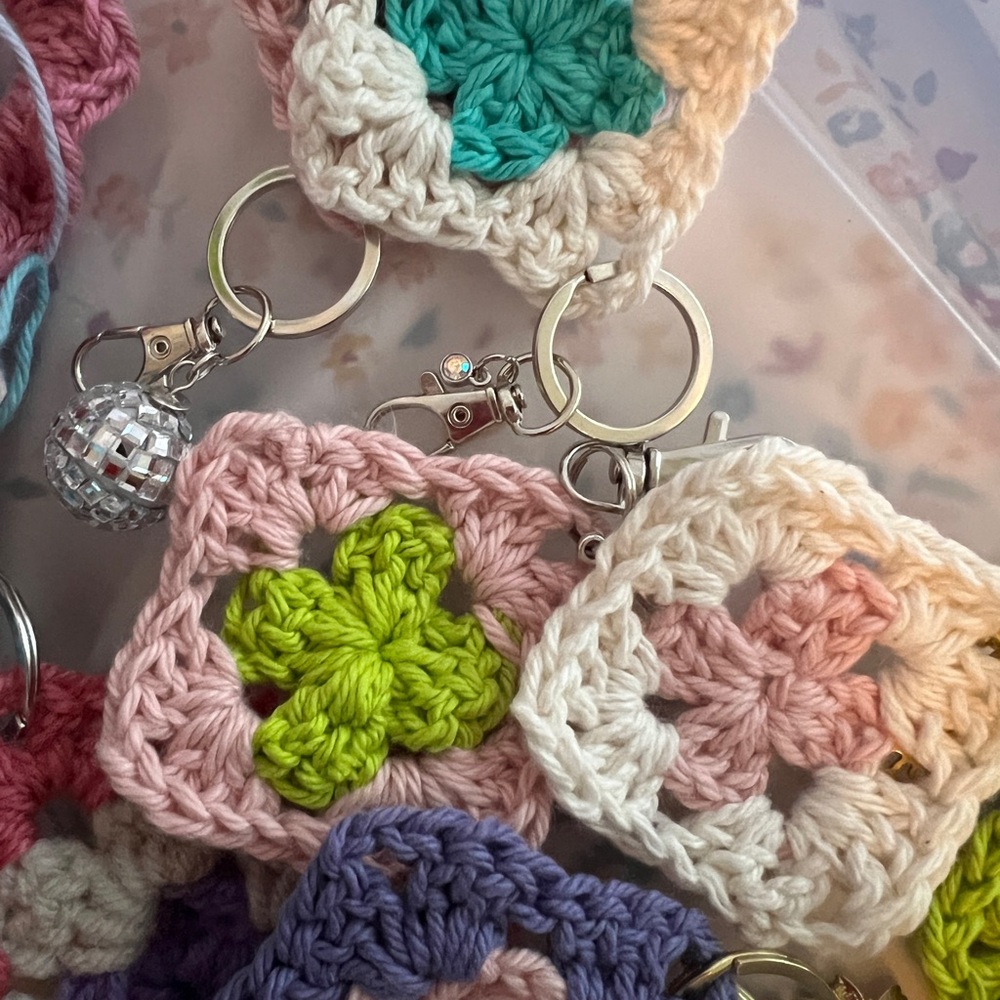Handmade Mini Granny Square Crochet Keychain Set - Green, Pink, Cream etc